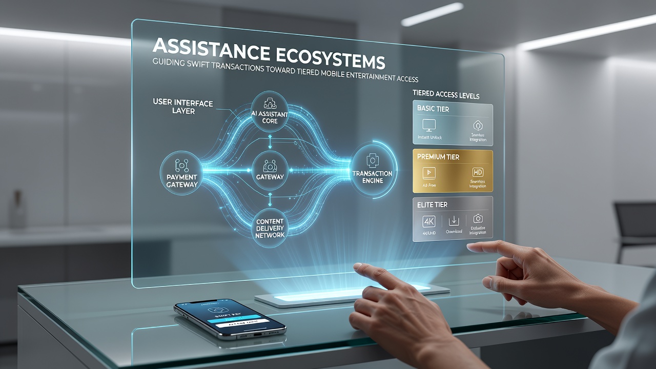 Mobile entertainment interface showing tiered access levels supported by assistance teams and instant payment flows