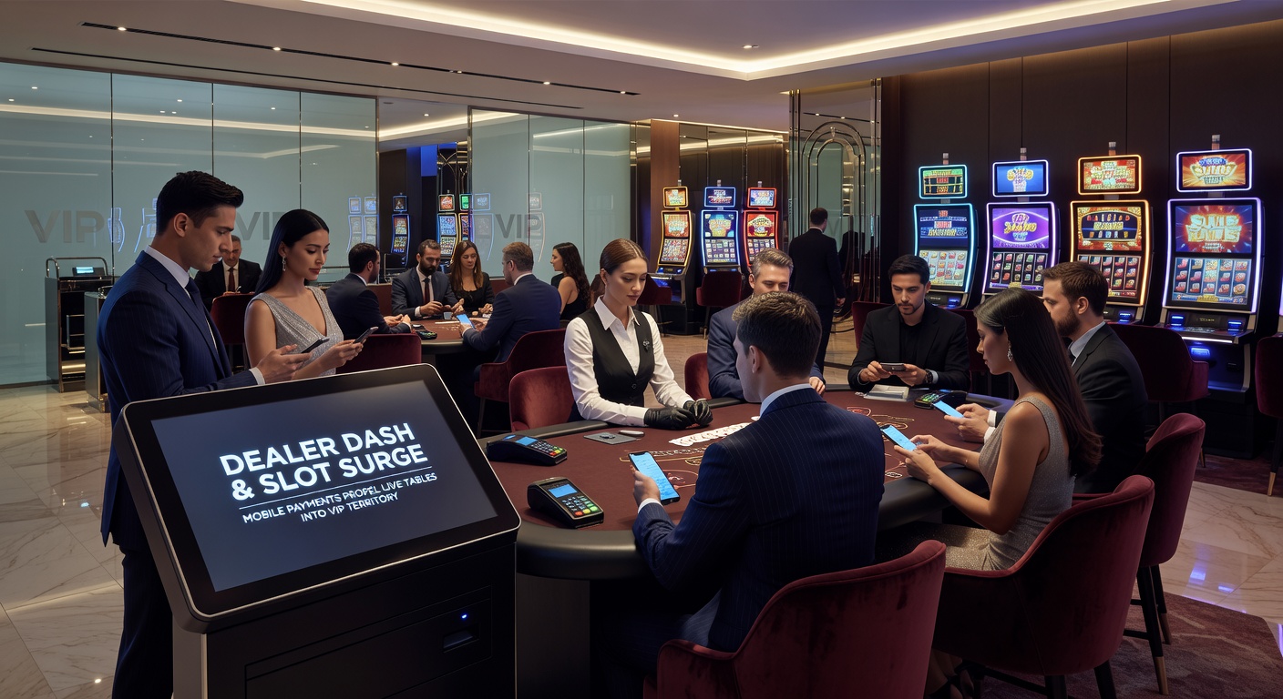 Dynamic split-screen view of Slot Surge activating a jackpot slot spin alongside a live dealer roulette wheel fueled by mobile payment, VIP badge glowing in the corner