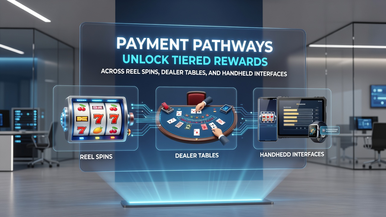Mobile device displaying tiered reward dashboard alongside live table and slot interfaces with payment confirmation overlays