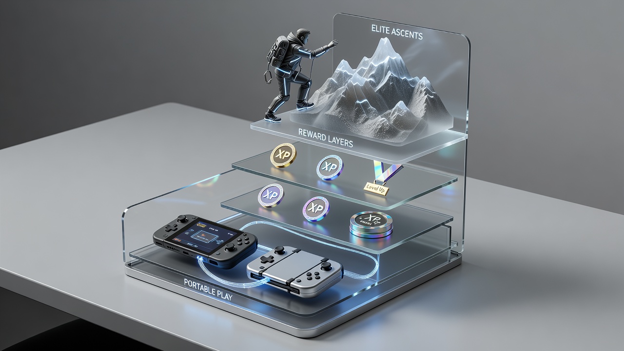 Abstract visualization of layered reward structures merging with mobile connectivity lines leading toward higher status levels
