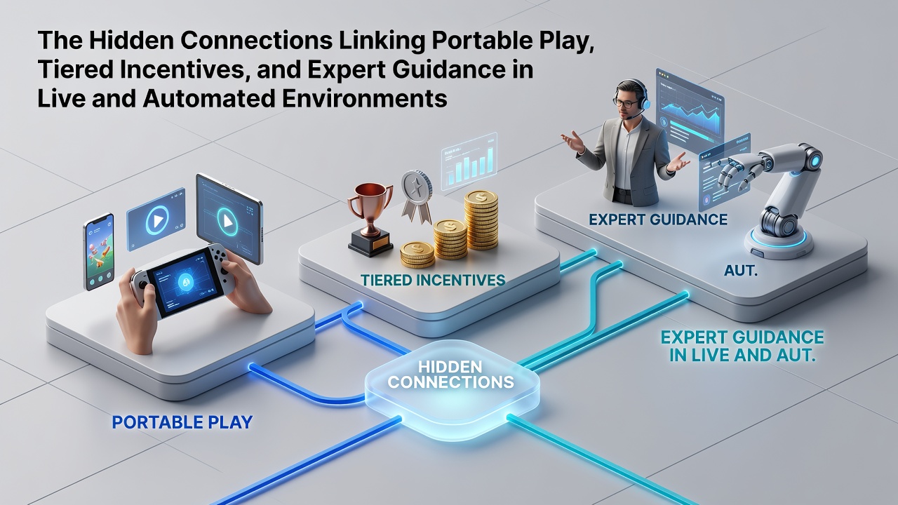 Illustration of interconnected casino elements showing mobile play, VIP tiers, and support connections